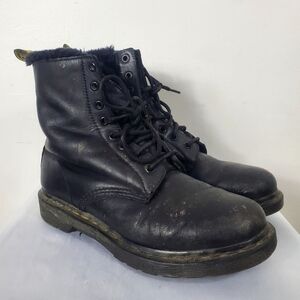 Dr. Martens Serena 9 Eye Black Genuine Leather Combat Boot Black Faux Fur Lined